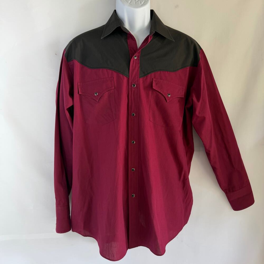 Men’s Vtg Plains western wear pearl snap button down shirt maroon & black large - Picture 4 of 6